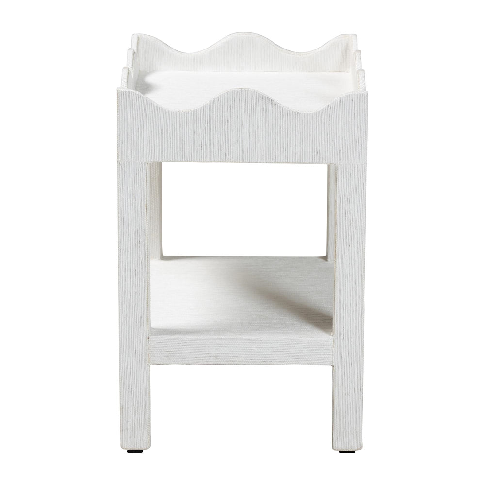 Sebastian Grasscloth Scalloped End Table - 2-Tier Accent Table with Open Shelf Storage for Living Room, Bedroom, or Entryway, White