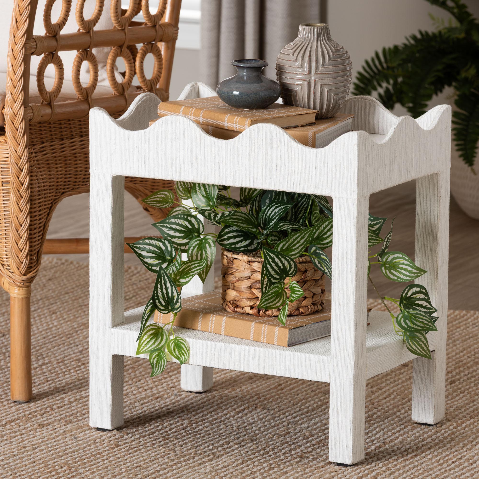 Sebastian Grasscloth Scalloped End Table - 2-Tier Accent Table with Open Shelf Storage for Living Room, Bedroom, or Entryway, White