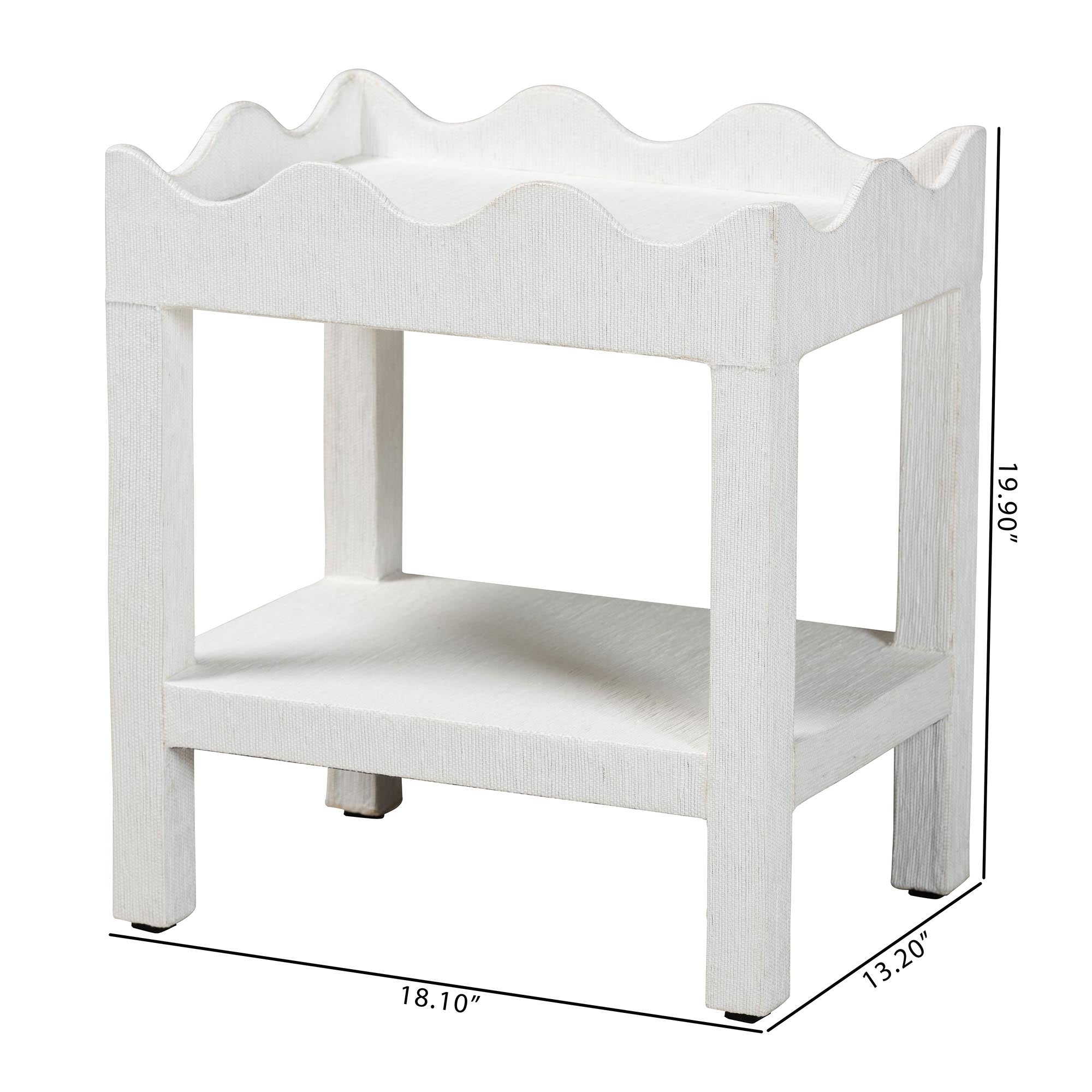 Sebastian Grasscloth Scalloped End Table - 2-Tier Accent Table with Open Shelf Storage for Living Room, Bedroom, or Entryway, White