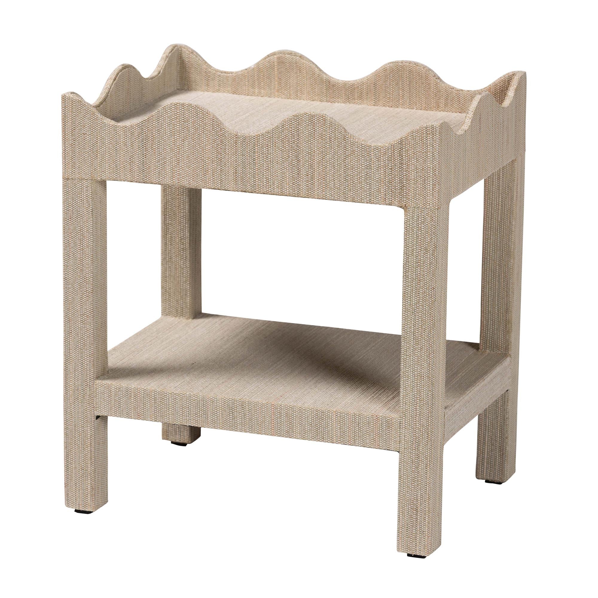 bali & pari Sebastian Grasscloth Scalloped End Table - 2-Tier Accent Table with Open Shelf Storage for Living Room, Bedroom, or Entryway, Beige