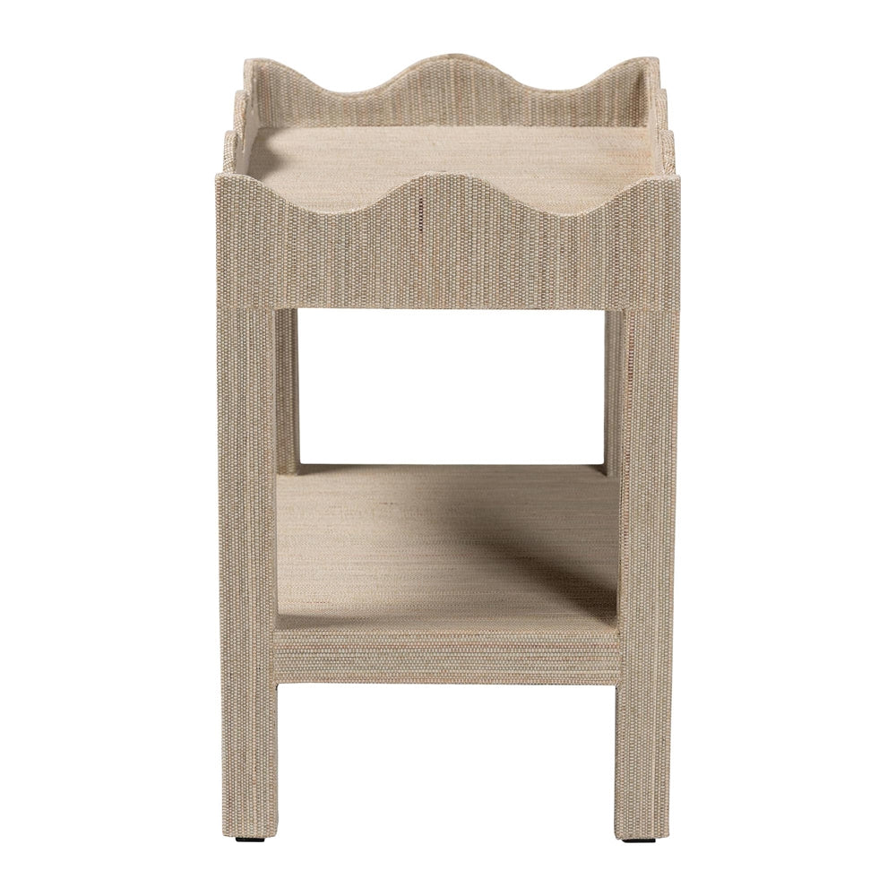 Sebastian Grasscloth Scalloped End Table - 2-Tier Accent Table with Open Shelf Storage for Living Room, Bedroom, or Entryway, Beige