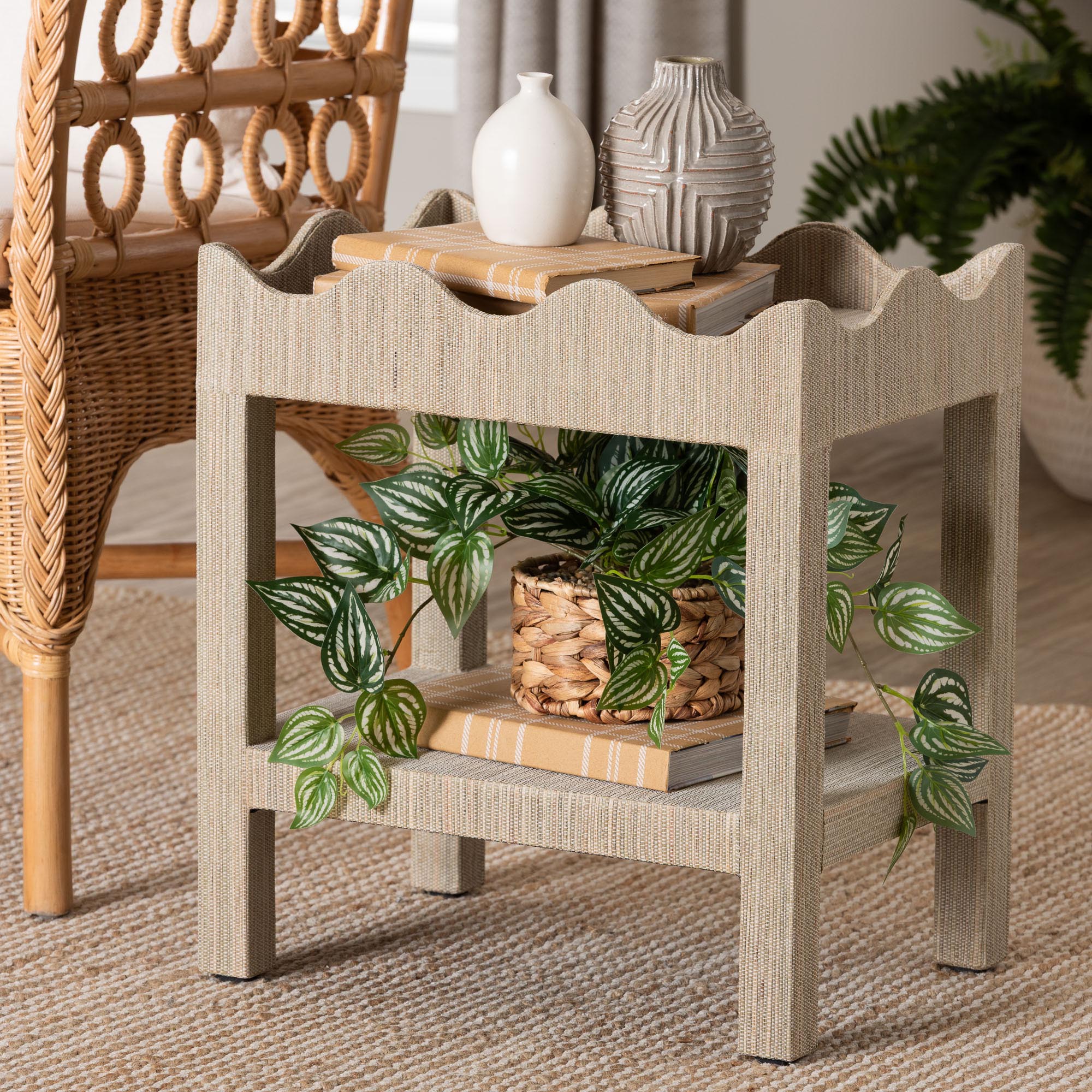 Sebastian Grasscloth Scalloped End Table - 2-Tier Accent Table with Open Shelf Storage for Living Room, Bedroom, or Entryway, Beige