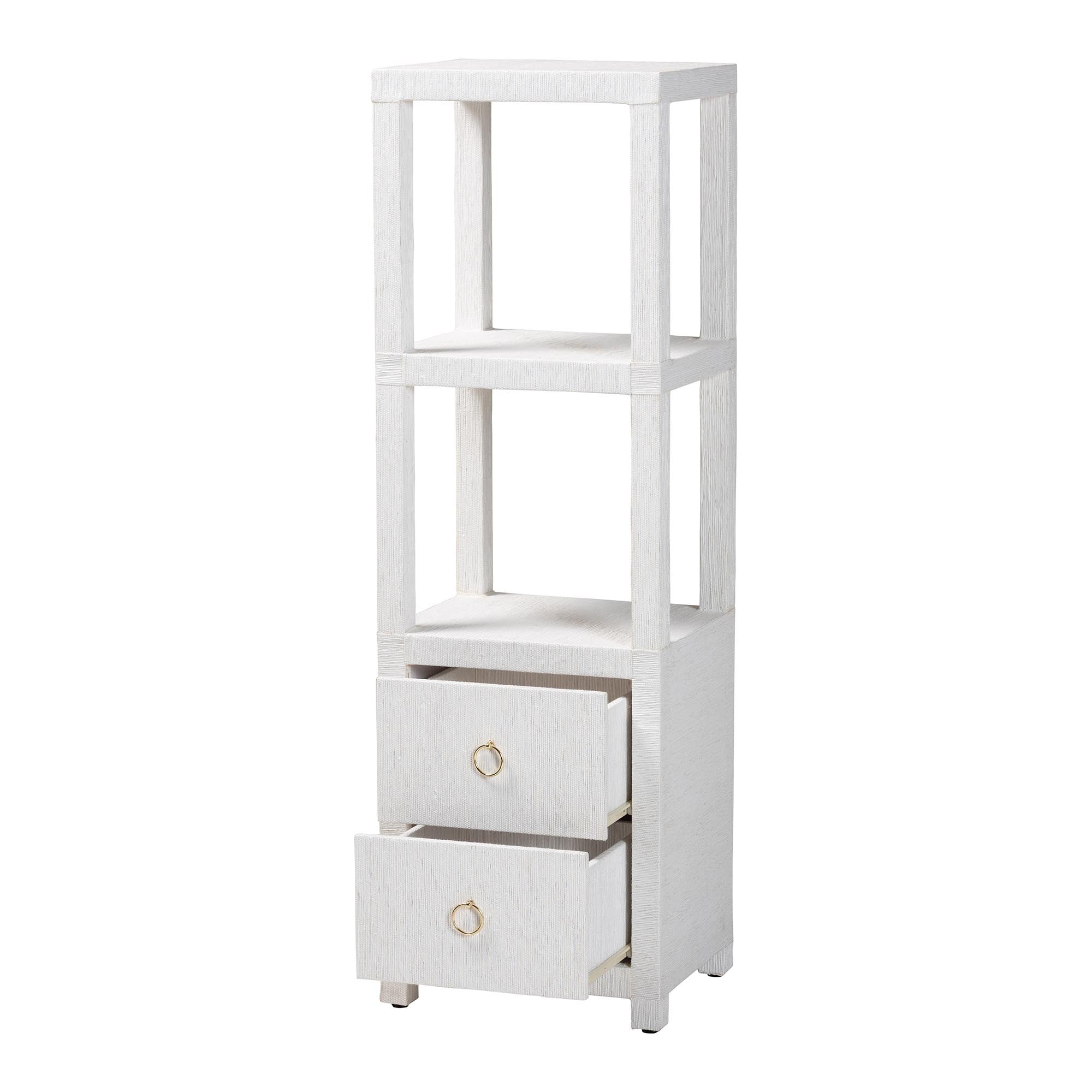 Xavier Grasscloth Tall Storage Cabinet - Woven Accent Displaying Tower Bookcase with Open Shelves and Drawers, Space-Saving Organizer for Living Room, Bedroom, or Entryway