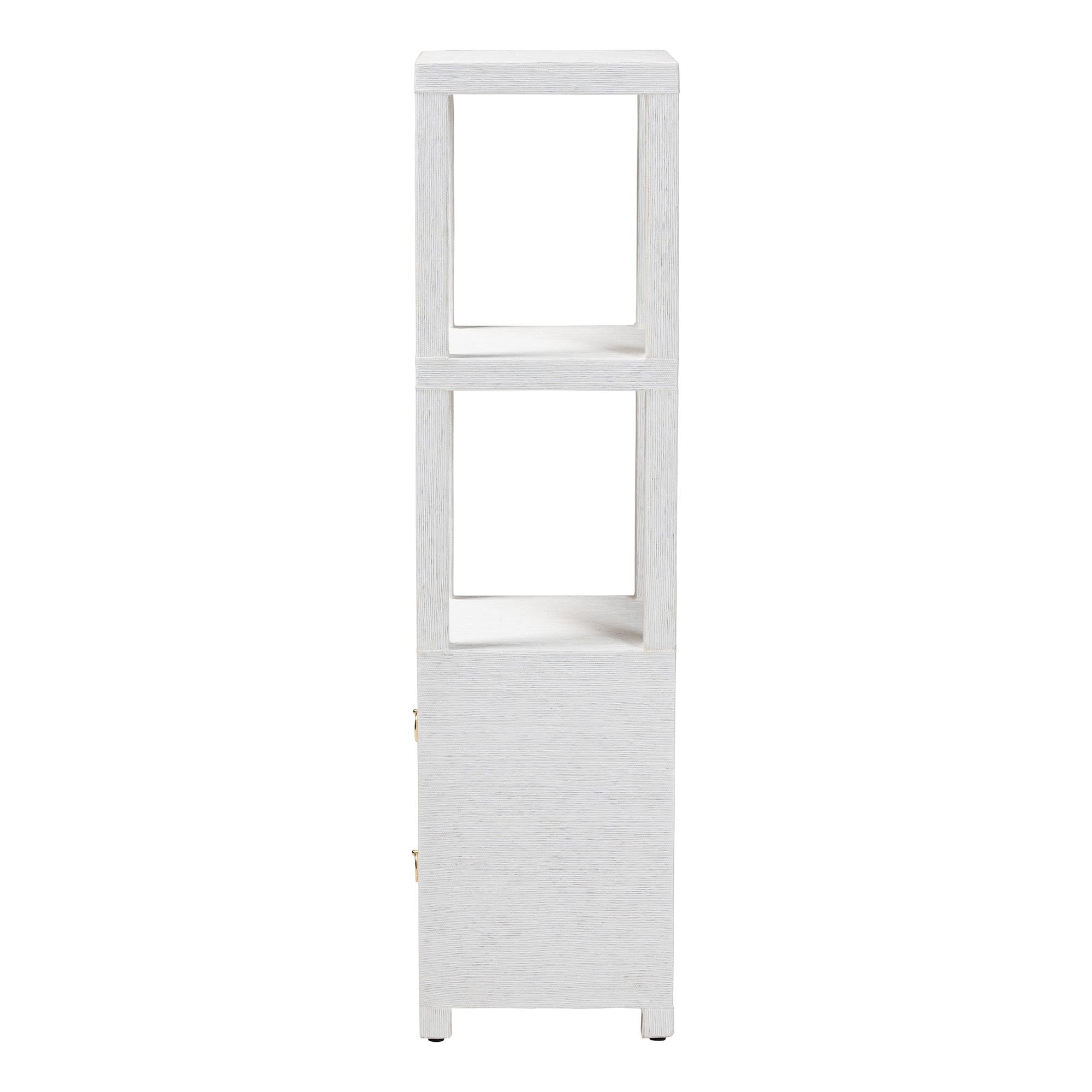 Xavier Grasscloth Tall Storage Cabinet - Woven Accent Displaying Tower Bookcase with Open Shelves and Drawers, Space-Saving Organizer for Living Room, Bedroom, or Entryway
