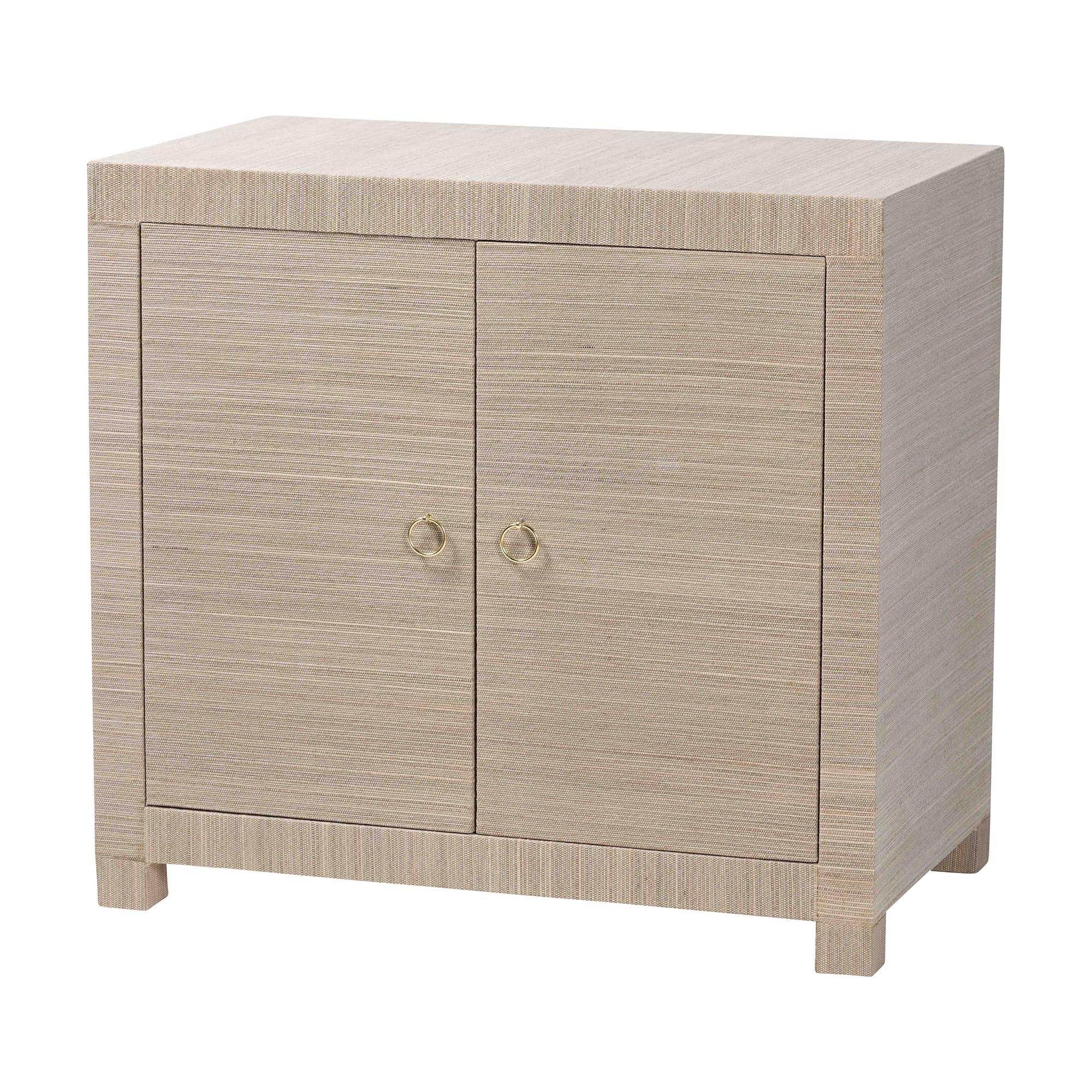 Halen Natural Grasscloth Storage Cabinet - Two-Door Console Storage Solution with Gold Ring Pulls, Modern Coastal Organizer for Entryway, Living Room or Bedroom