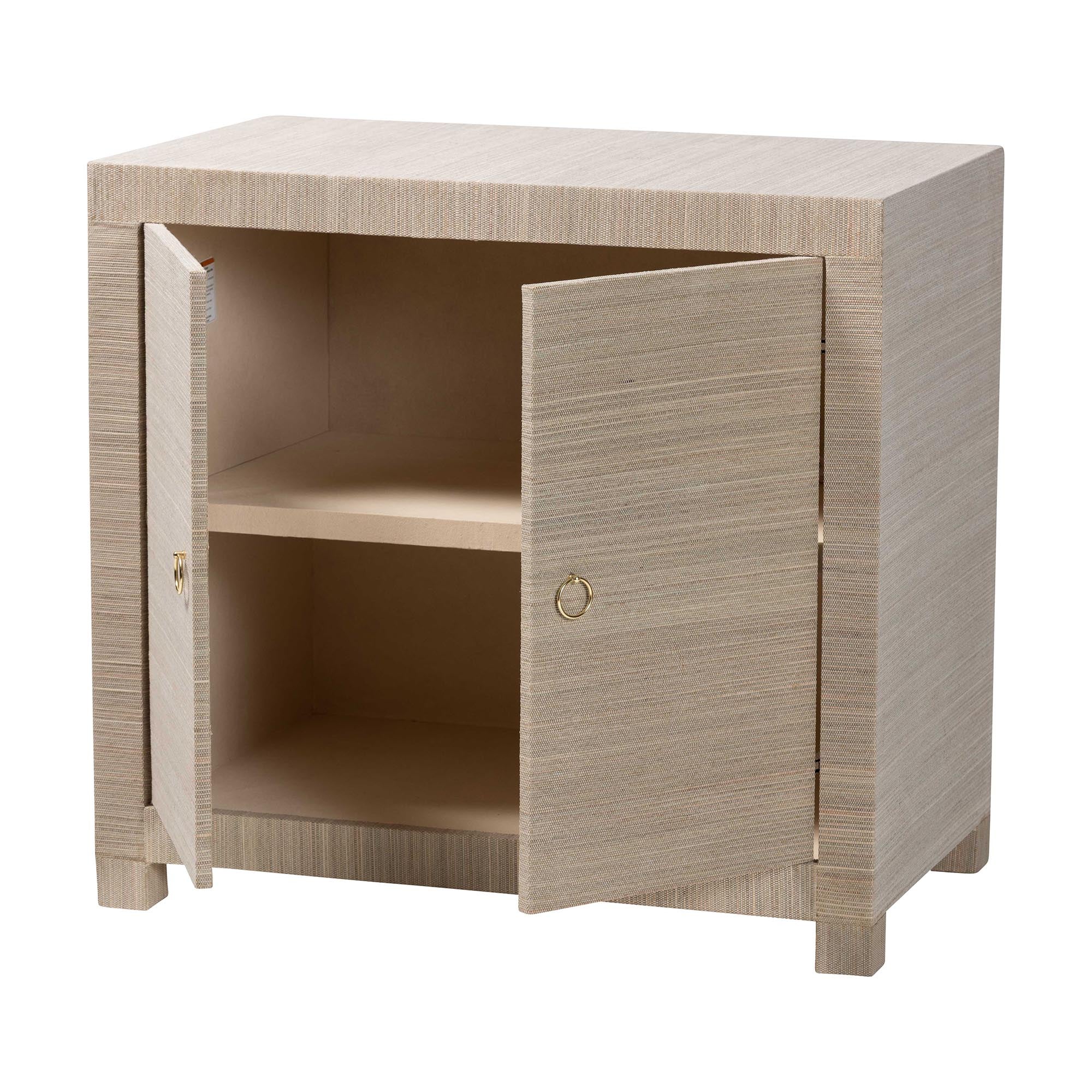 Halen Natural Grasscloth Storage Cabinet - Two-Door Console Storage Solution with Gold Ring Pulls, Modern Coastal Organizer for Entryway, Living Room or Bedroom