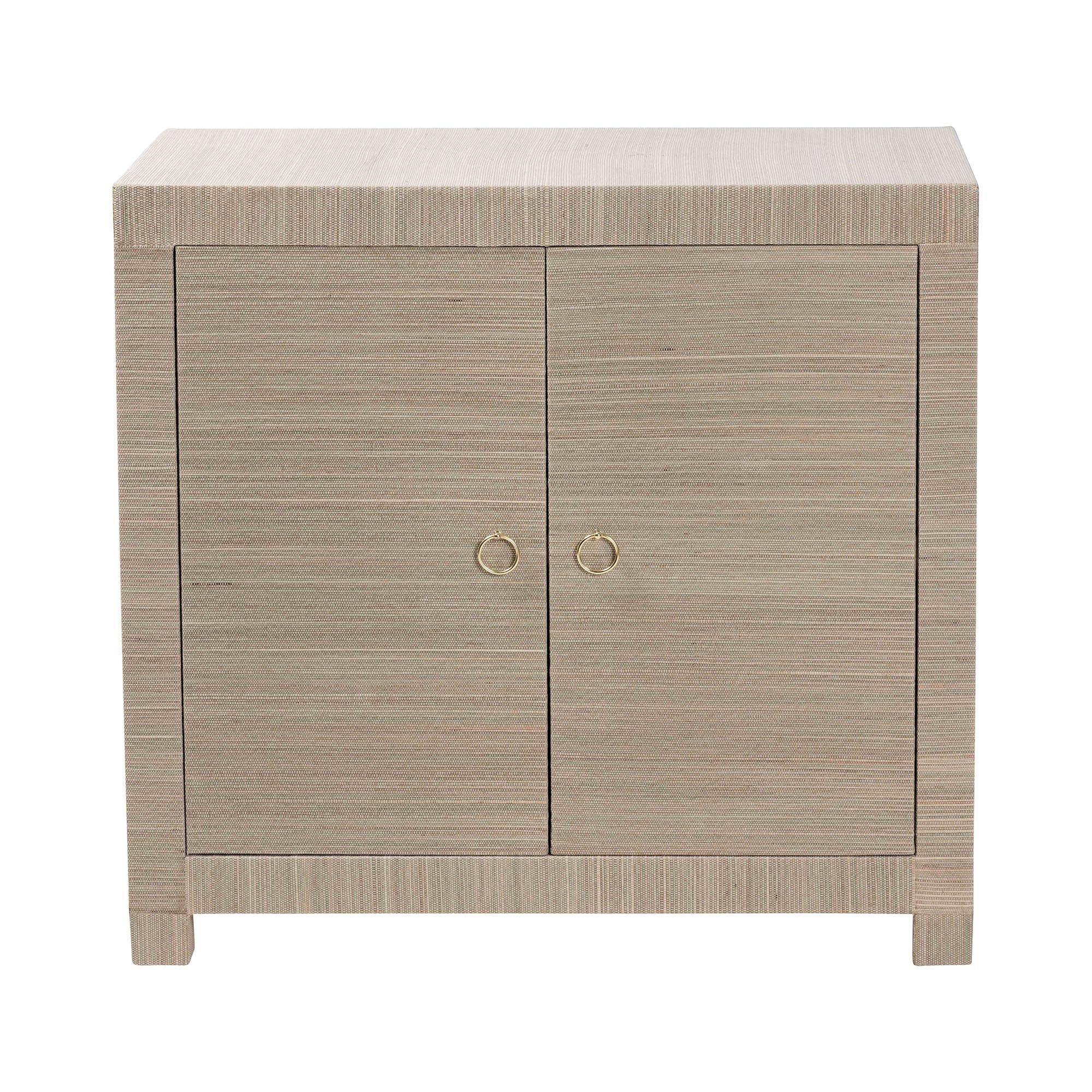 Halen Natural Grasscloth Storage Cabinet - Two-Door Console Storage Solution with Gold Ring Pulls, Modern Coastal Organizer for Entryway, Living Room or Bedroom