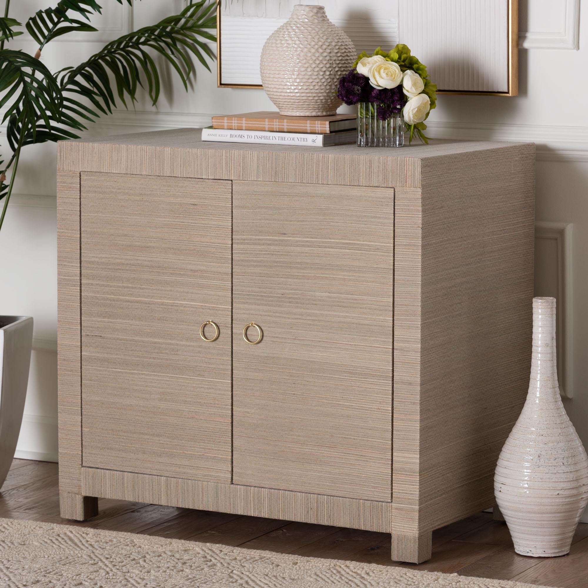 Halen Natural Grasscloth Storage Cabinet - Two-Door Console Storage Solution with Gold Ring Pulls, Modern Coastal Organizer for Entryway, Living Room or Bedroom