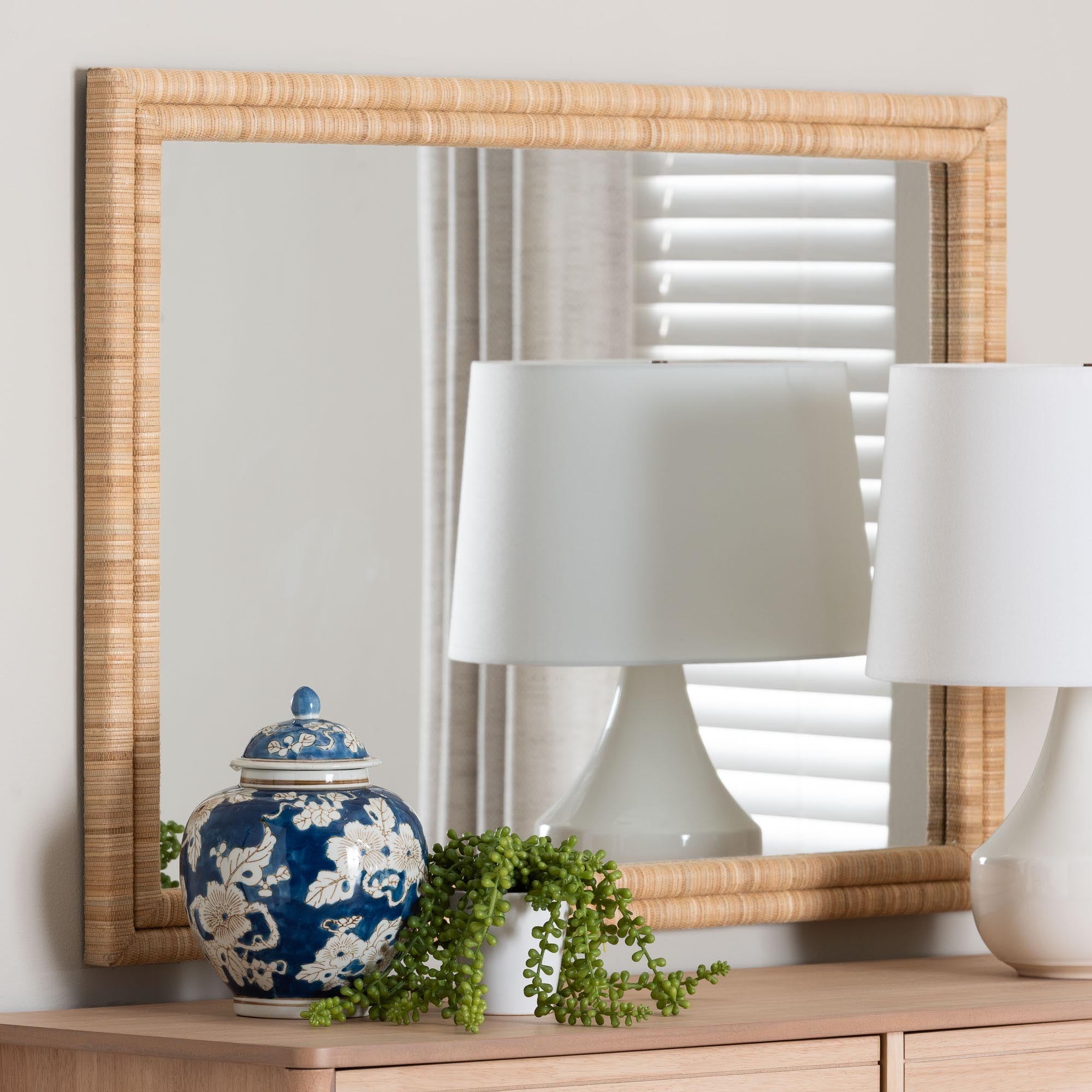 Canan Grasscloth Wall Mirror - Handwoven Rectangle Frame Accent Mirror for Bedroom, Entryway, or Living Room