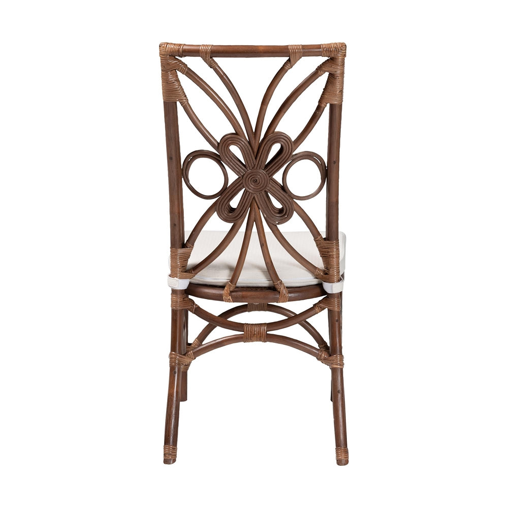 Brama Natural Rattan Dining Chair with Decorative Backrest and Cushioned Seat, Boho Coastal Style Seating for Dining Room or Kitchen