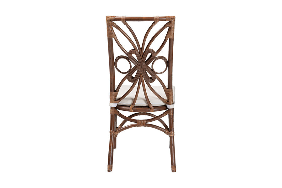 Brama Natural Rattan Dining Chair with Decorative Backrest and Cushioned Seat, Boho Coastal Style Seating for Dining Room or Kitchen