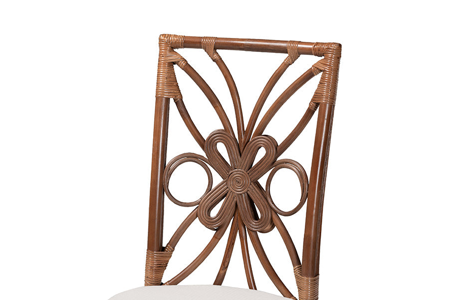 Brama Natural Rattan Dining Chair with Decorative Backrest and Cushioned Seat, Boho Coastal Style Seating for Dining Room or Kitchen