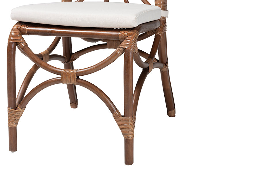 Brama Natural Rattan Dining Chair with Decorative Backrest and Cushioned Seat, Boho Coastal Style Seating for Dining Room or Kitchen
