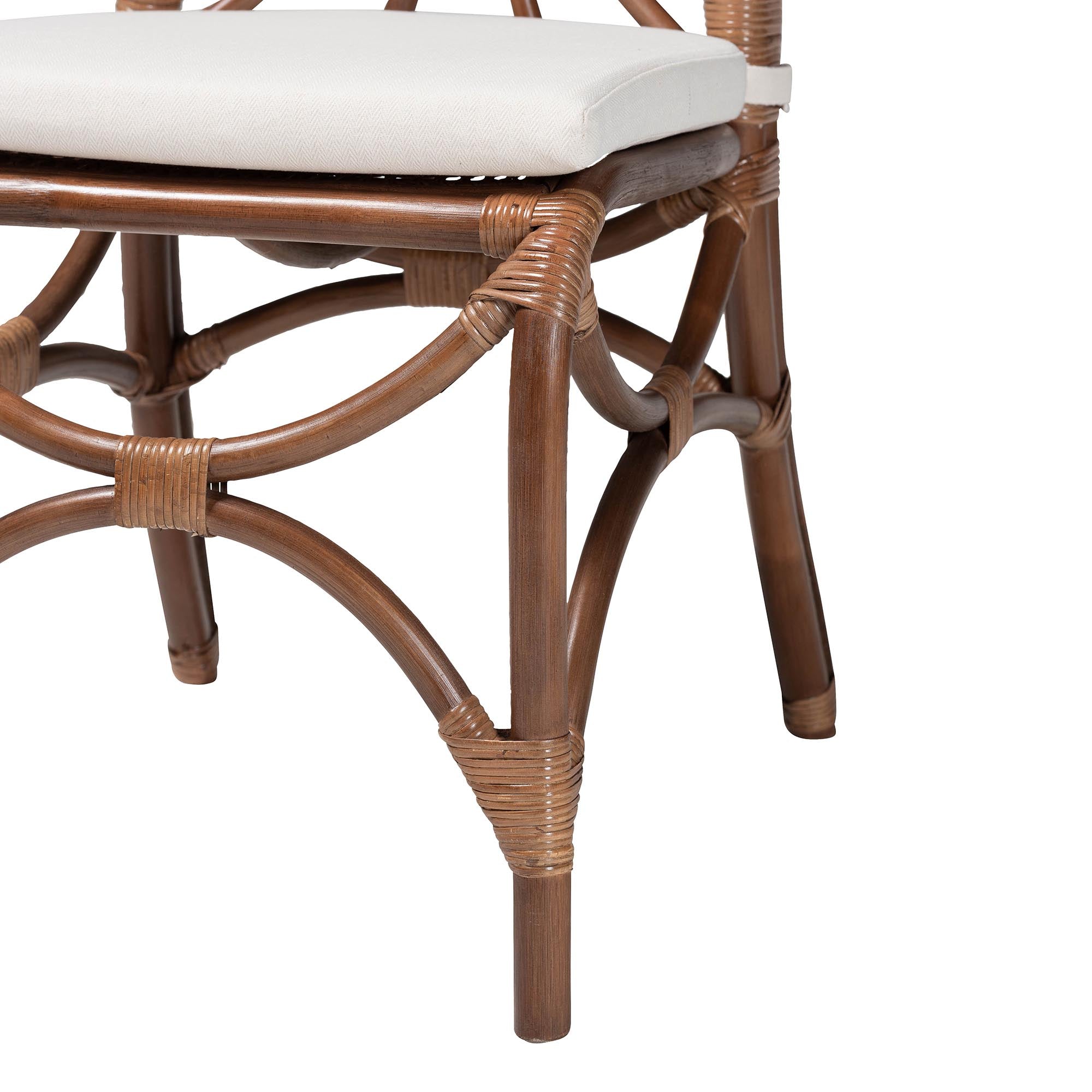 Brama Natural Rattan Dining Chair with Decorative Backrest and Cushioned Seat, Boho Coastal Style Seating for Dining Room or Kitchen
