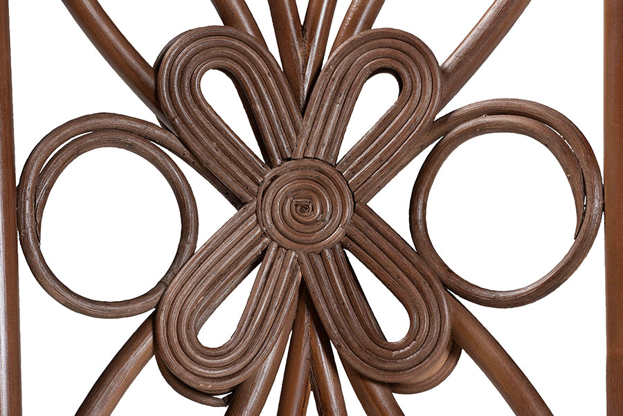 Brama Natural Rattan Dining Chair with Decorative Backrest and Cushioned Seat, Boho Coastal Style Seating for Dining Room or Kitchen