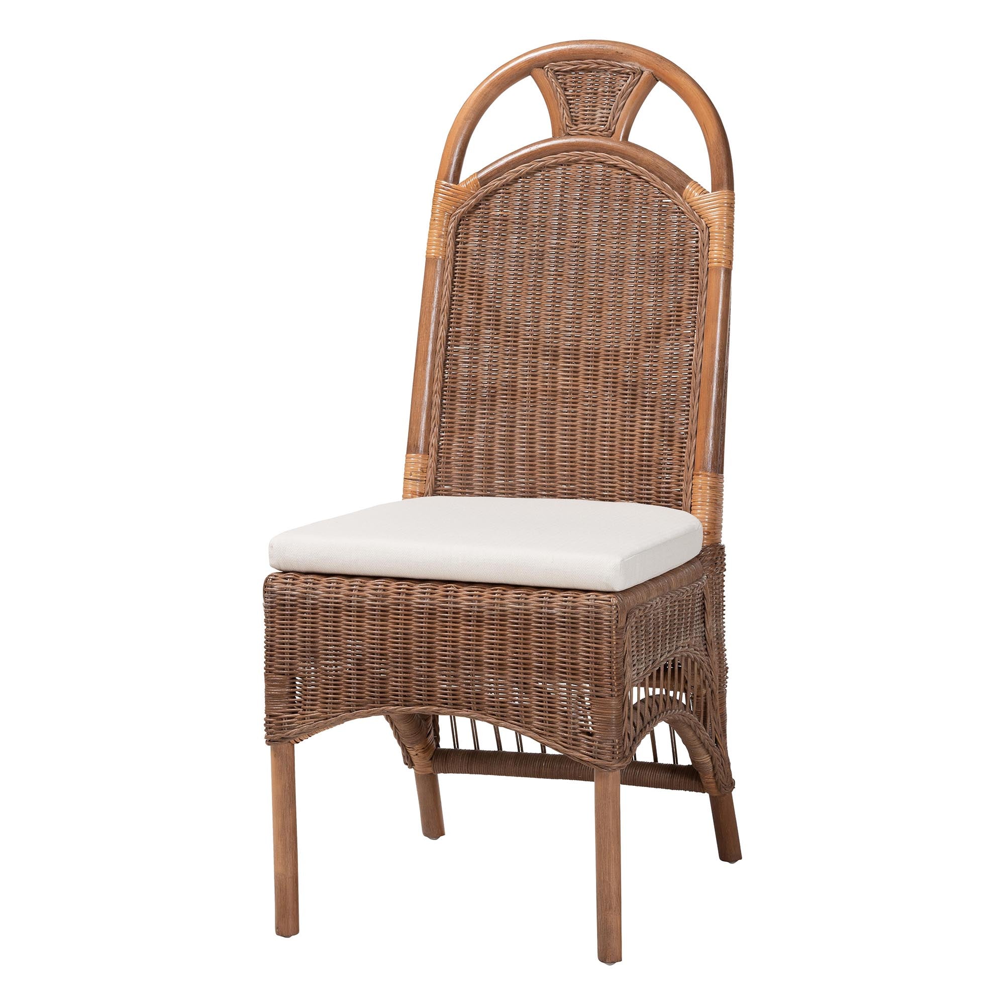 bali & pari Raya Natural Rattan Dining Chair - Handcrafted Wicker Accent Chair with High Arched Back and Cushioned Seat, Boho Coastal Seating for Dining Room or Kitchen