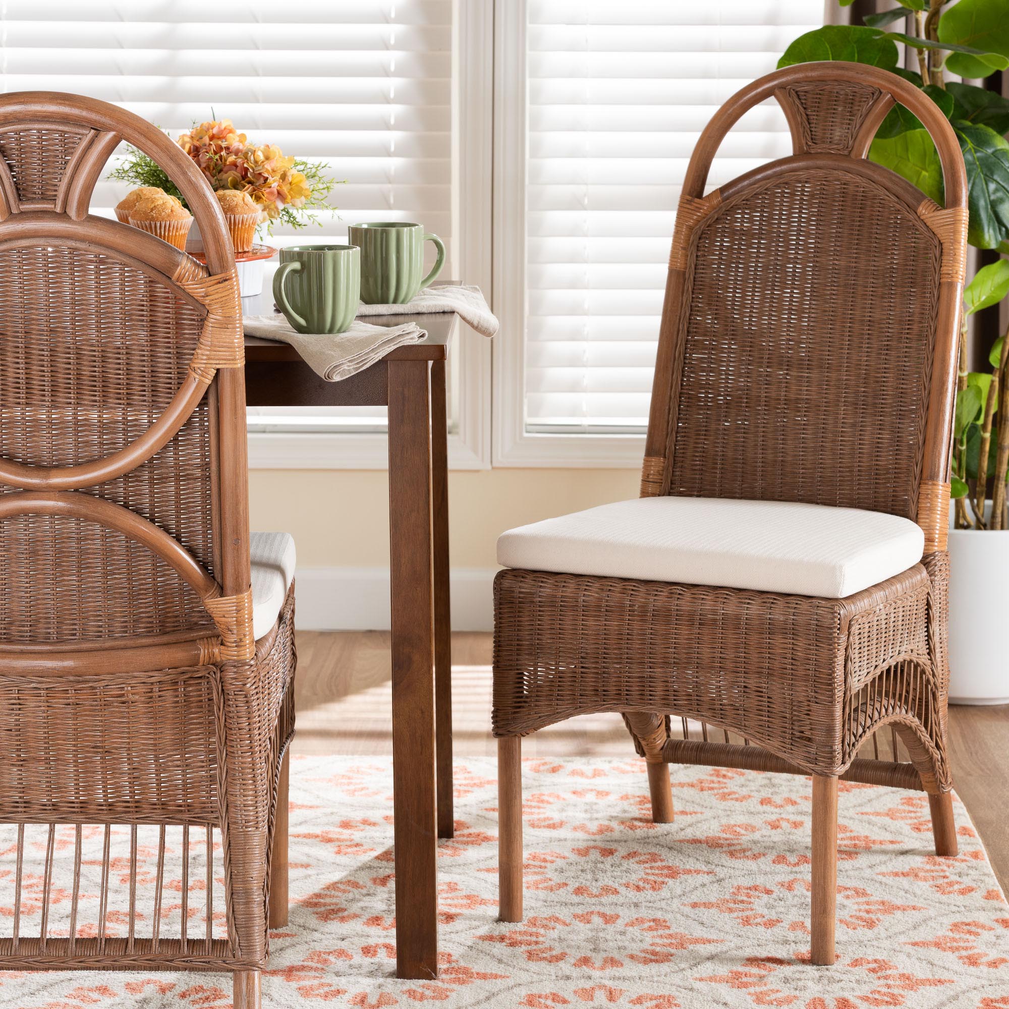 Raya Natural Rattan Dining Chair - Handcrafted Wicker Accent Chair with High Arched Back and Cushioned Seat, Boho Coastal Seating for Dining Room or Kitchen