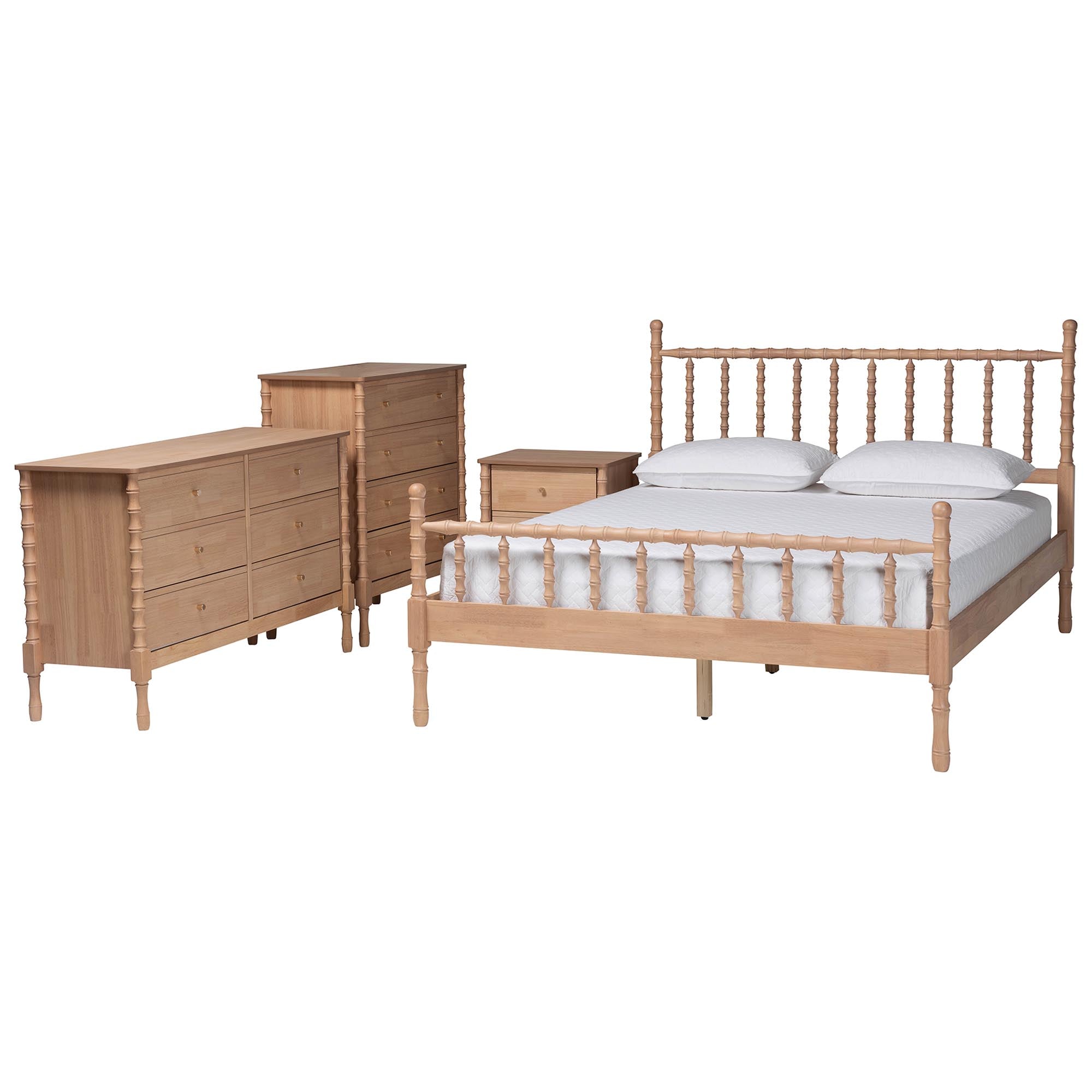 Baxton Studio Laurent Bamboo-Style 4-Piece Bedroom Set - Spindle Platform Bed with Matching Dresser, Chest, and Nightstand, Cottage Farmhouse Style, Queen