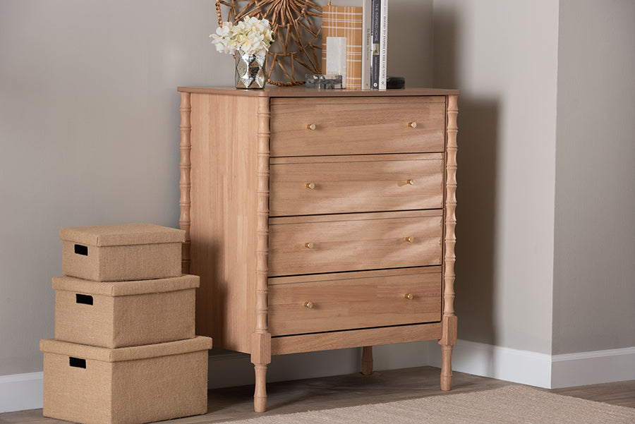 Laurent Chest - 4-Drawer Bedroom Organizer with Bamboo-Style Turned Legs, Cottage Farmhouse Storage Cabinet for Clothing or Linens