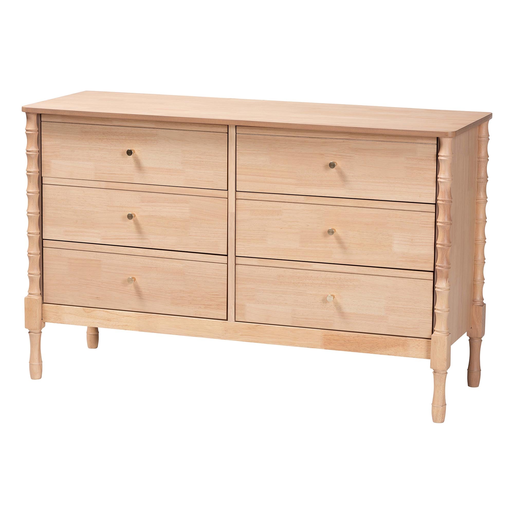 Baxton Studio Laurent Dresser - 6-Drawer Bedroom Organizer with Bamboo-Style Turned Legs, Cottage Farmhouse Storage Cabinet for Clothing or Linens
