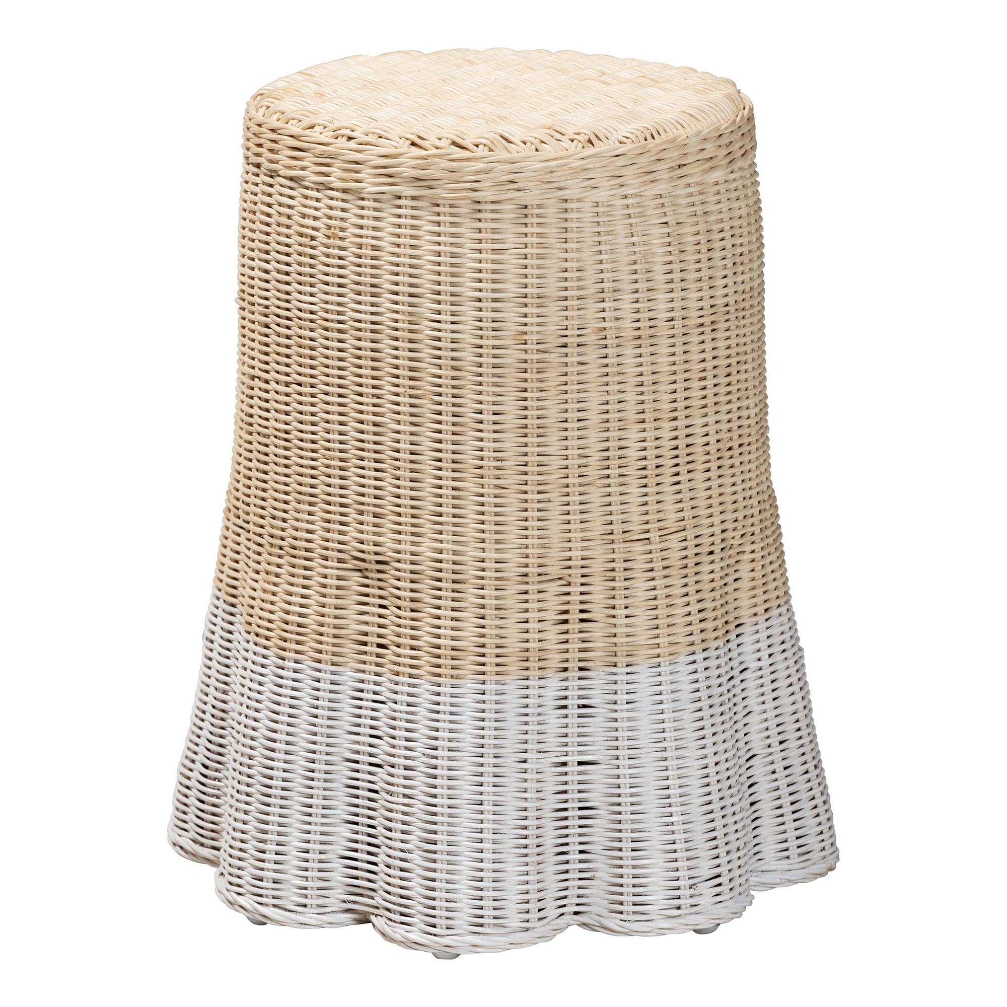 bali & pari Sarna Natural Rattan End Table - Handwoven Wicker Accent Table with Scalloped Base and Two-Tone Finish, Boho Coastal Style Side Table