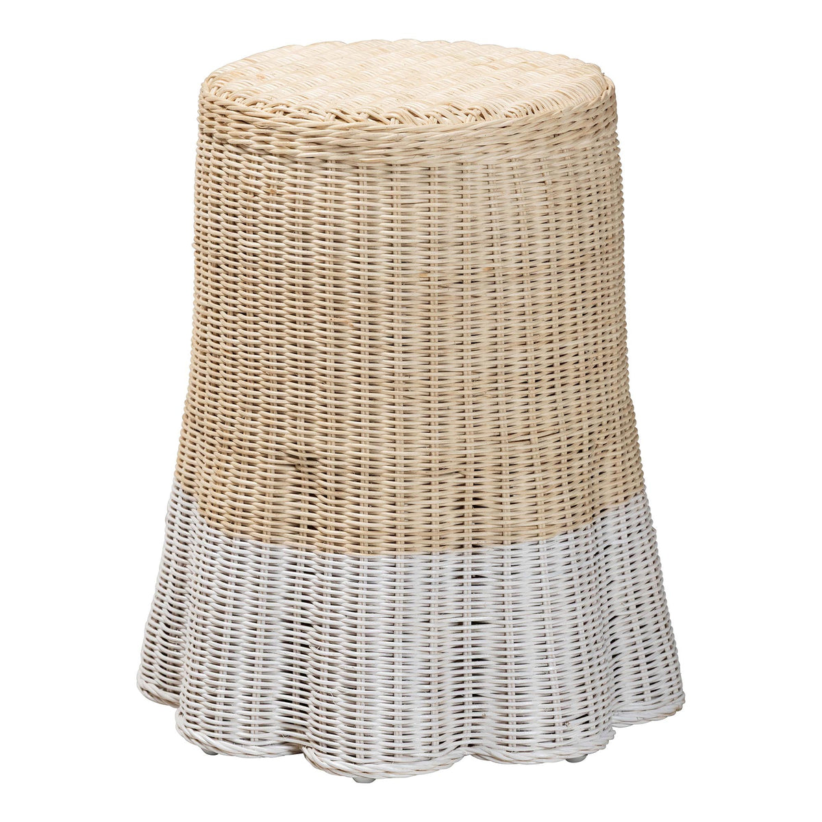 Sarna Natural Rattan End Table - Handwoven Wicker Accent Table with Scalloped Base and Two-Tone Finish, Boho Coastal Style Side Table