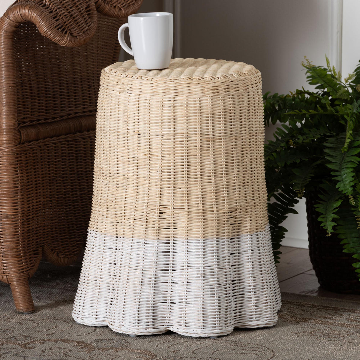 Sarna Natural Rattan End Table - Handwoven Wicker Accent Table with Scalloped Base and Two-Tone Finish, Boho Coastal Style Side Table