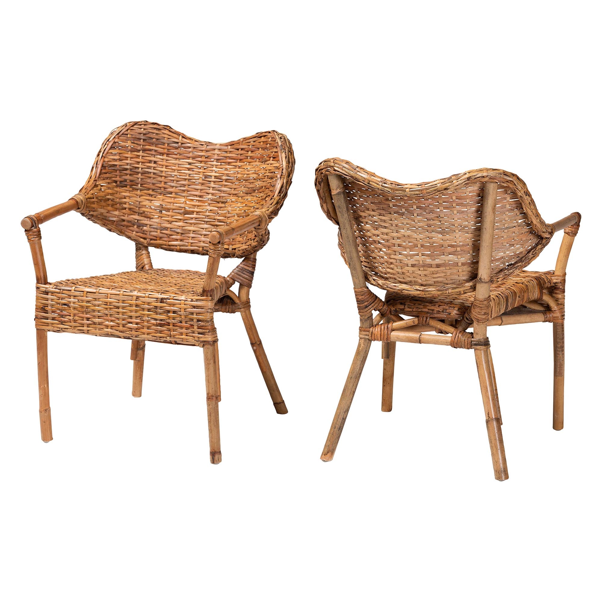 Tara 2-Piece Natural Rattan Dining Chair - Handwoven Wicker Armchair with Curved Backrest, Boho Coastal Seating