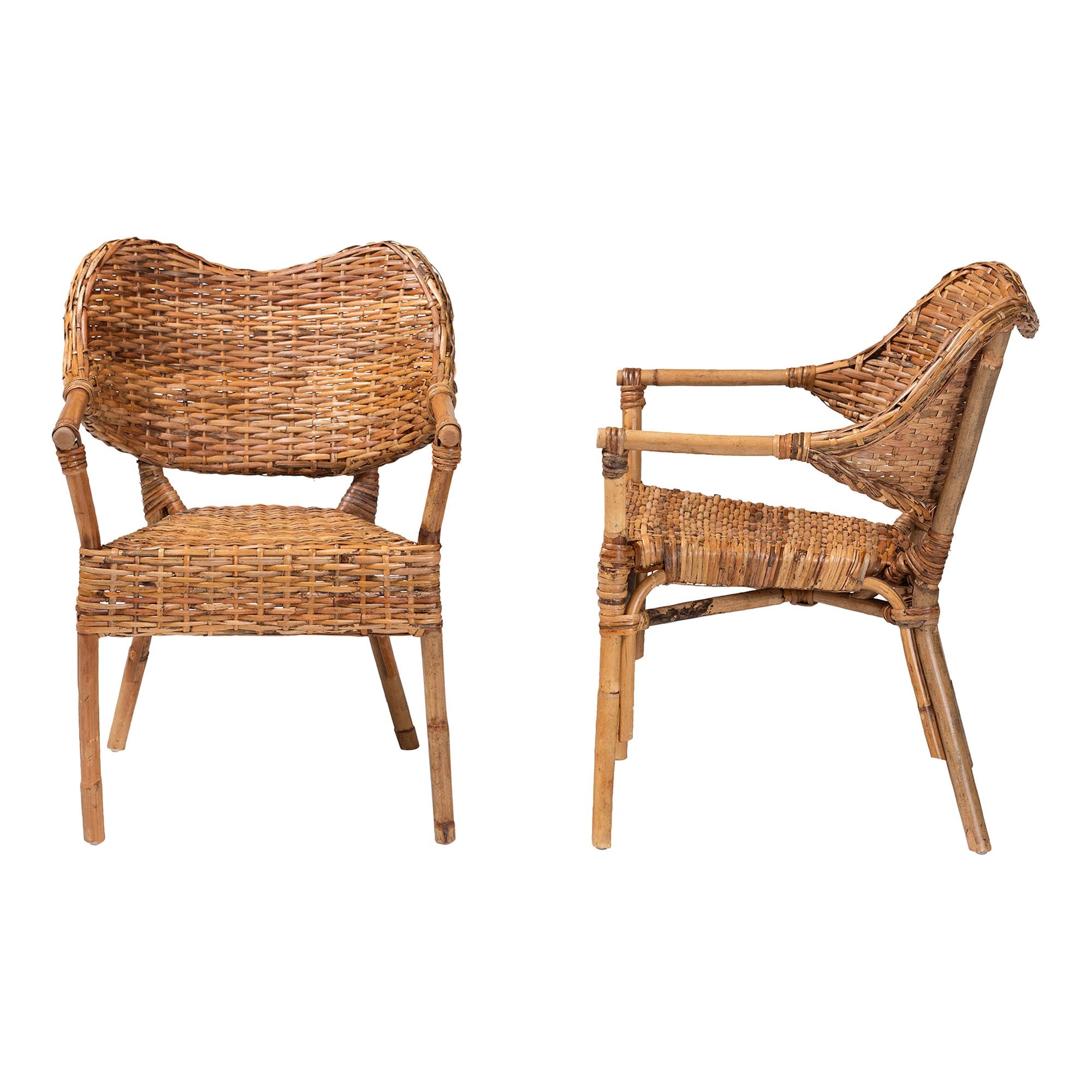 Tara 2-Piece Natural Rattan Dining Chair - Handwoven Wicker Armchair with Curved Backrest, Boho Coastal Seating