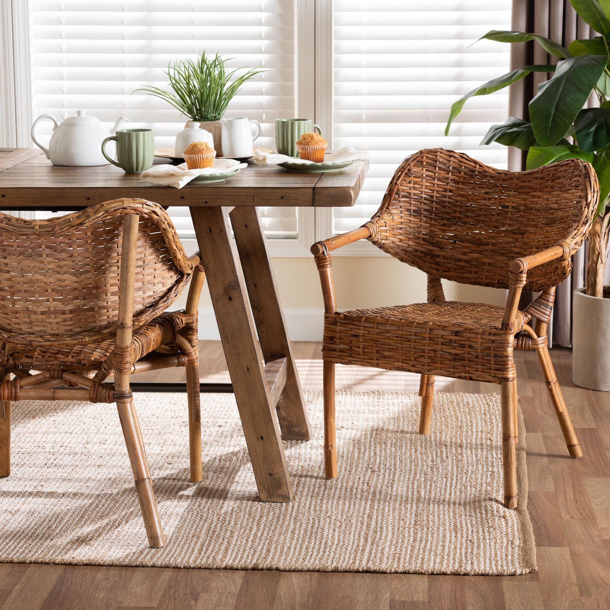 Tara 2-Piece Natural Rattan Dining Chair - Handwoven Wicker Armchair with Curved Backrest, Boho Coastal Seating