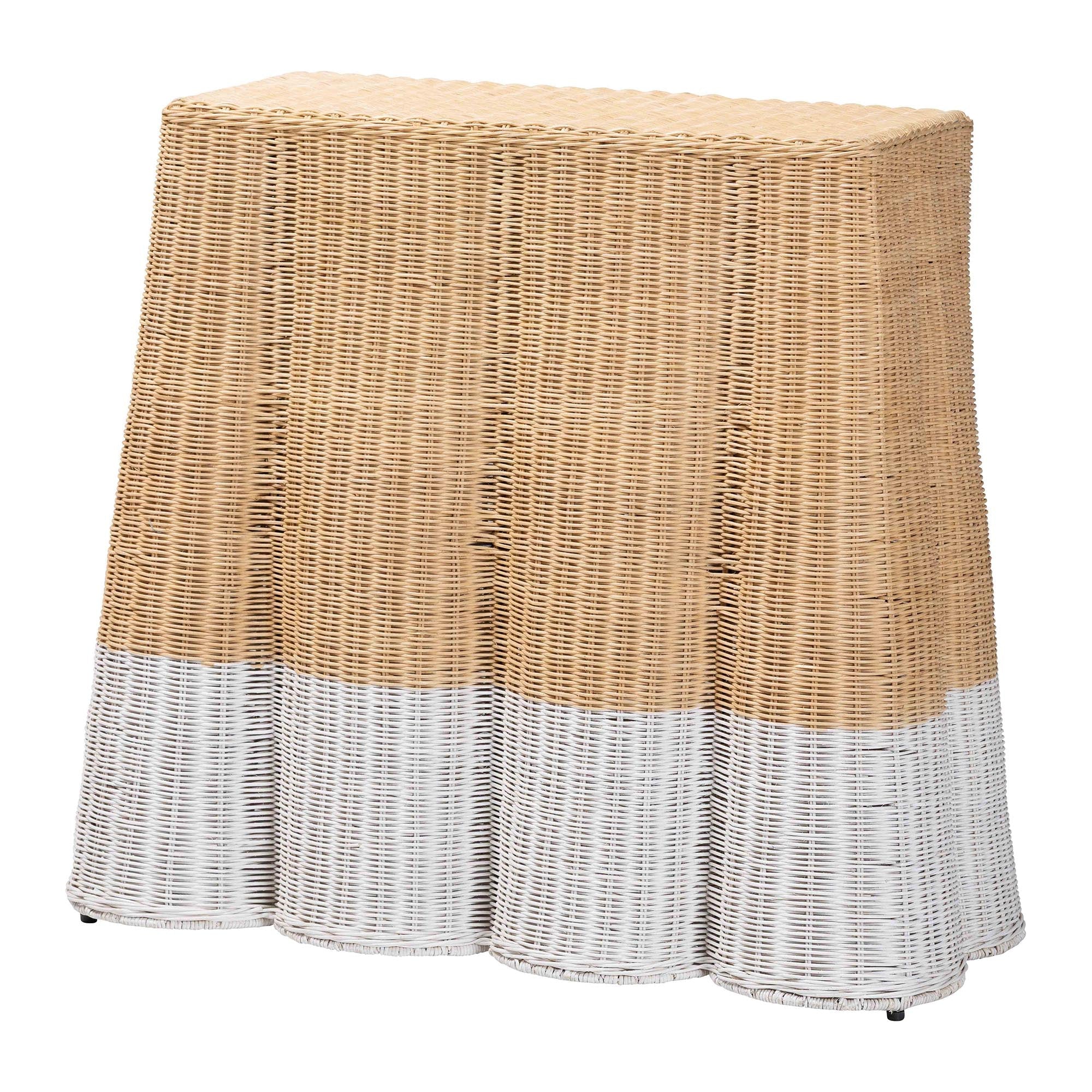 Palm Scallop Natural Rattan Console Table - Handwoven Wicker Accent Table, Coastal & Boho Decor, Rectangle 36", Two-Tone White/Natural