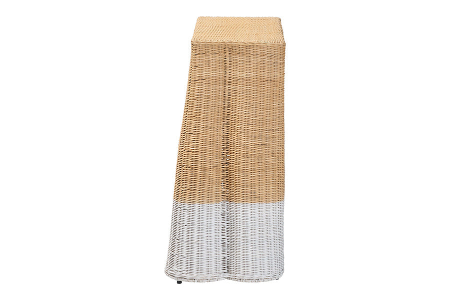 Palm Scallop Natural Rattan Console Table - Handwoven Wicker Accent Table, Coastal & Boho Decor, Rectangle 36", Two-Tone White/Natural