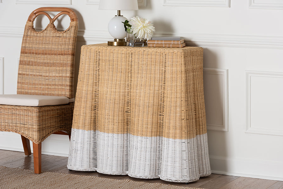 Palm Scallop Natural Rattan Console Table - Handwoven Wicker Accent Table, Coastal & Boho Decor, Rectangle 36", Two-Tone White/Natural