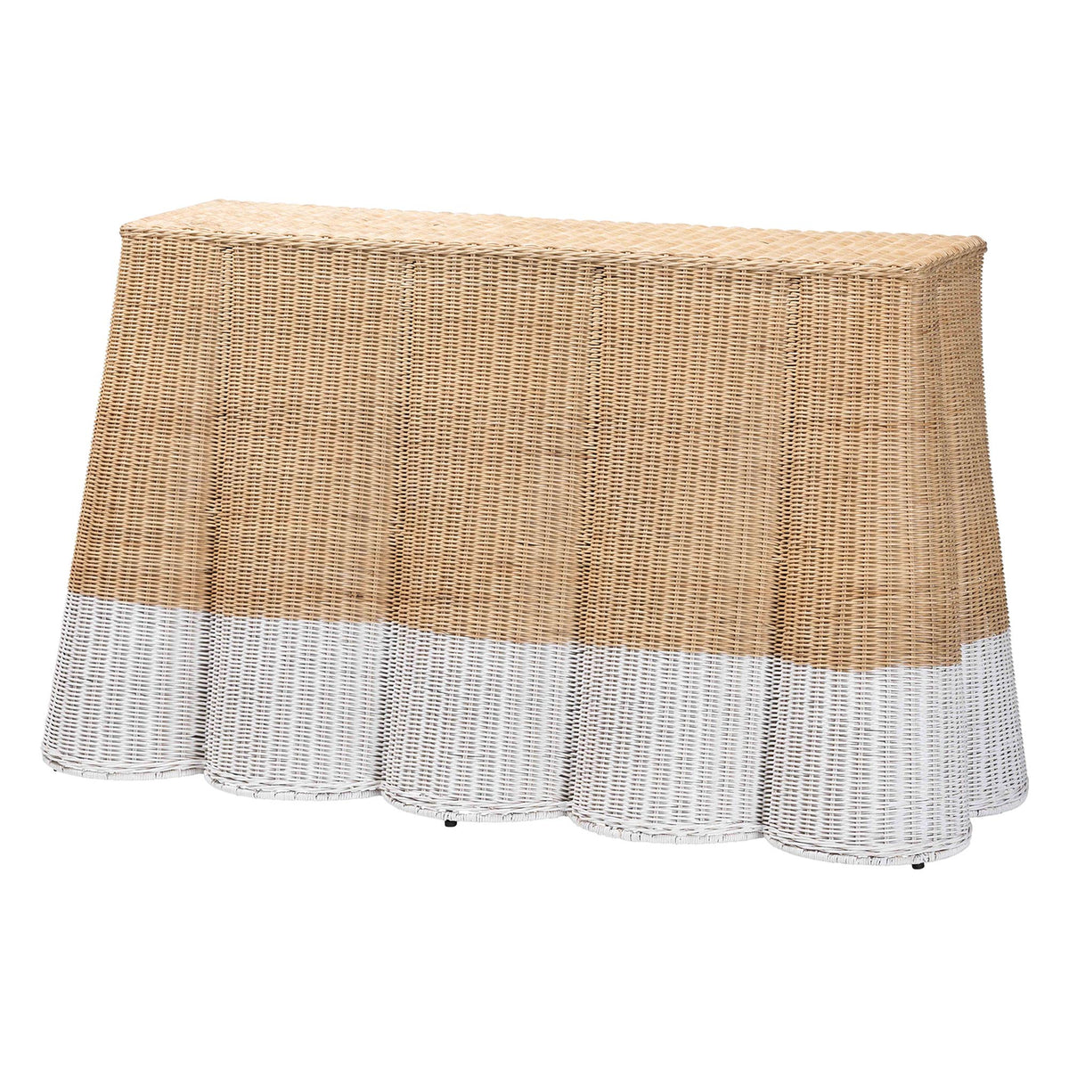 Palm Scallop Natural Rattan Console Table - Handwoven Wicker Accent Table, Coastal & Boho Decor, Rectangle 54", Two-Tone White/Natural