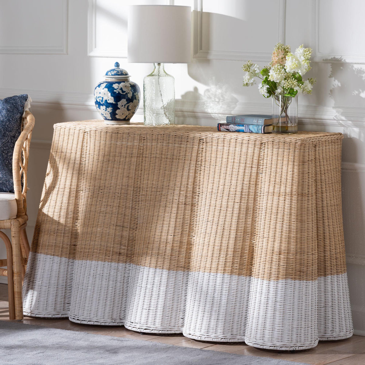 Palm Scallop Natural Rattan Console Table - Handwoven Wicker Accent Table, Coastal & Boho Decor, Rectangle 54", Two-Tone White/Natural