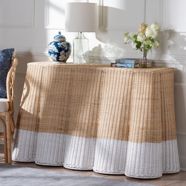 Palm Scallop Natural Rattan Console Table - Handwoven Wicker Accent Table, Coastal & Boho Decor, Rectangle 54