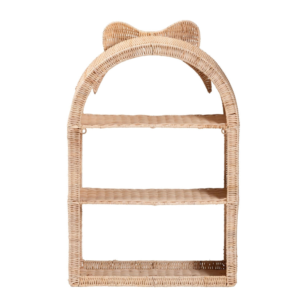 Creusa Natural Rattan Wall Shelf - 3-Tier Decorative Storage Rack with Arched Frame and Woven Bow Accent, Boho Coastal Display Shelf