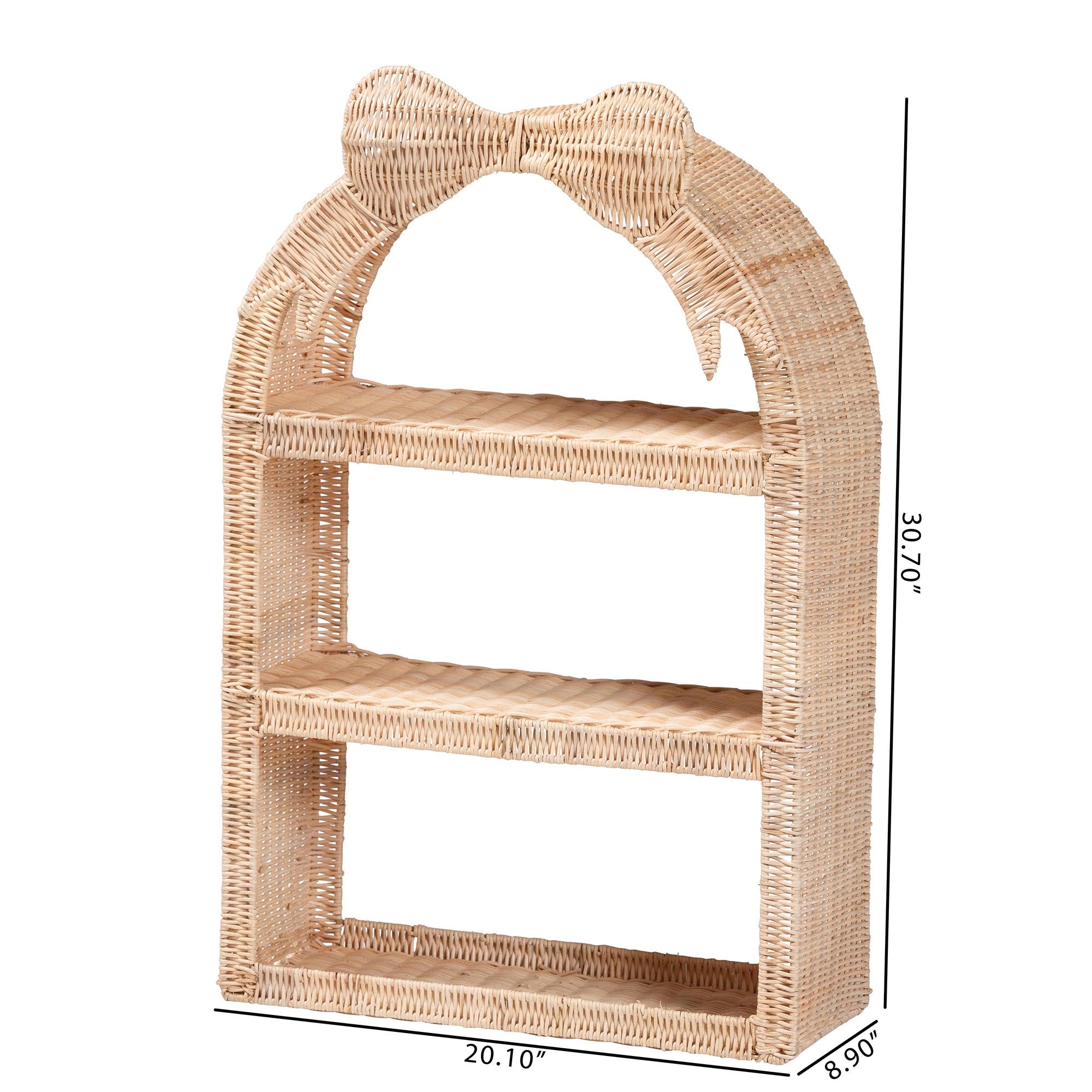 Creusa Natural Rattan Wall Shelf - 3-Tier Decorative Storage Rack with Arched Frame and Woven Bow Accent, Boho Coastal Display Shelf
