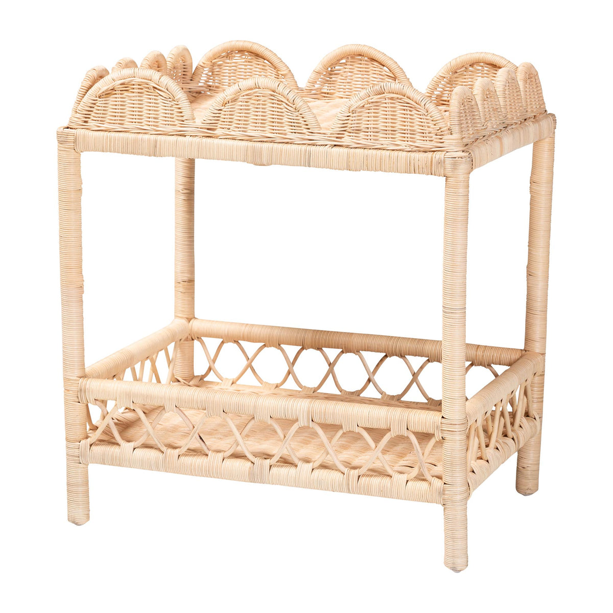 Eloisa Natural Rattan End Table - Handwoven Wicker 2-Tier Side Table with Scalloped Border for Living Room or Bedroom