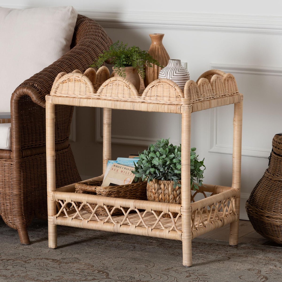 Eloisa Natural Rattan End Table - Handwoven Wicker 2-Tier Side Table with Scalloped Border for Living Room or Bedroom