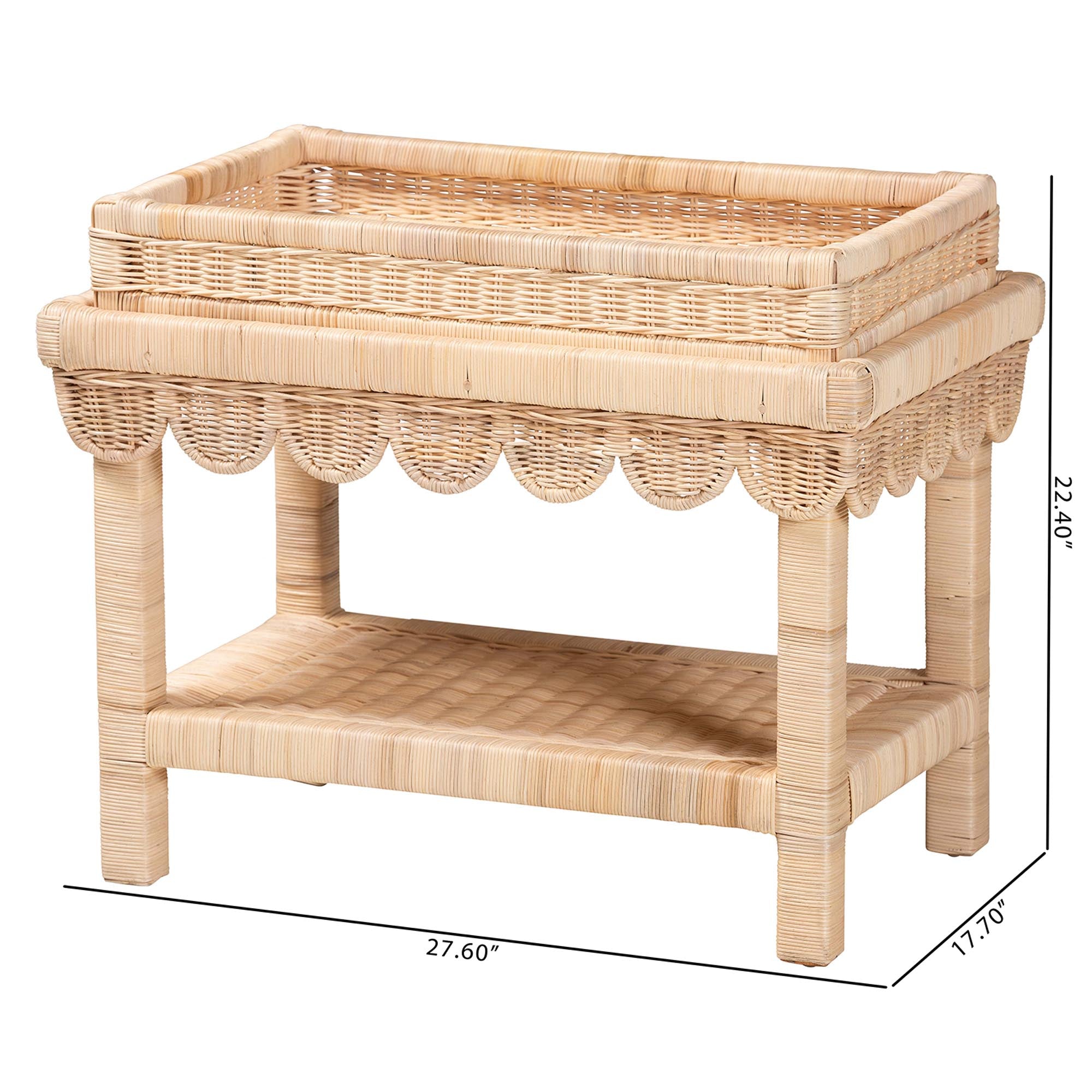 Weyman Scalloped Rattan End Table with Removable Tray Top - Handwoven Rattan Accent Table with Shelf, Coastal Boho Style Side Table for Living Room or Bedroom