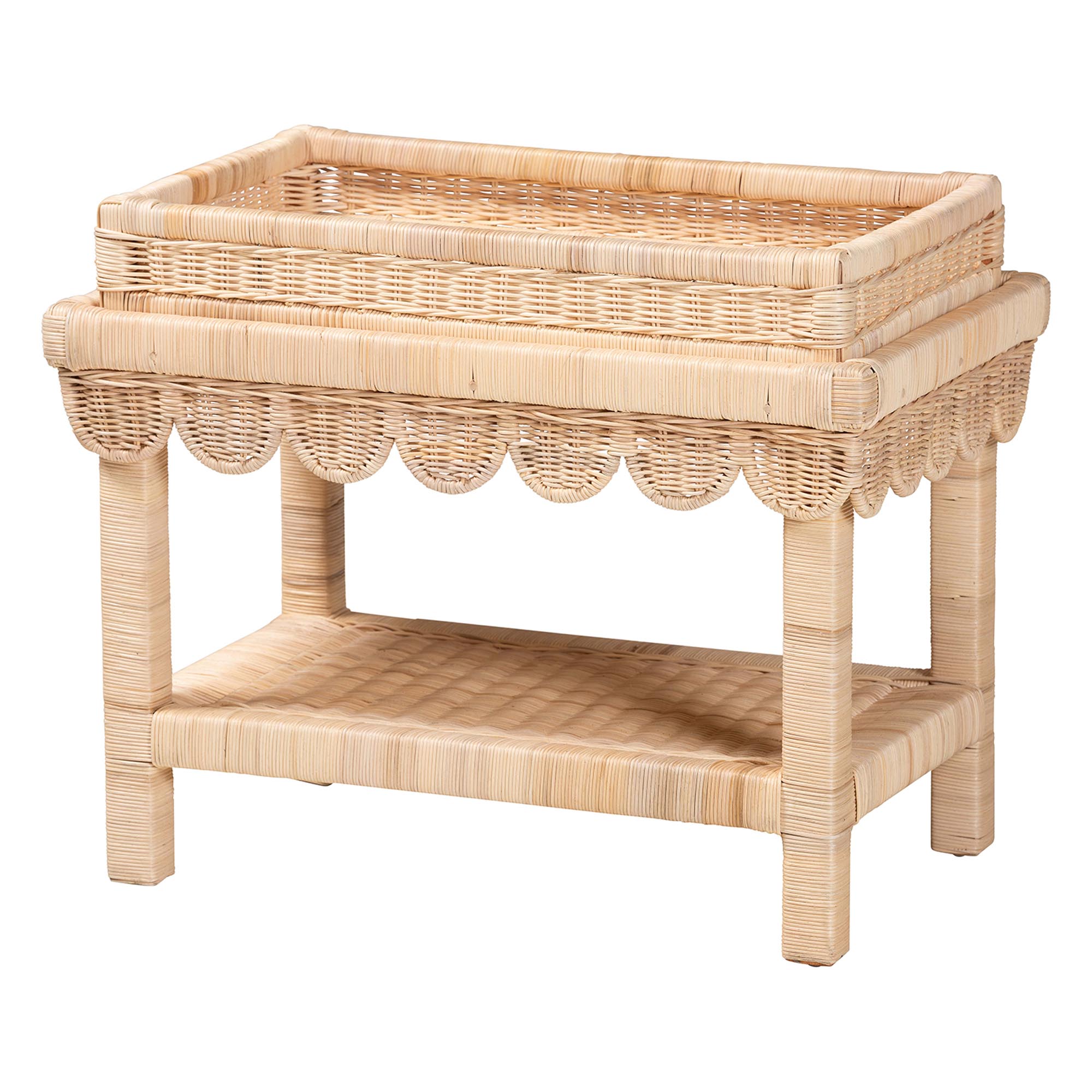 Weyman Scalloped Rattan End Table with Removable Tray Top - Handwoven Rattan Accent Table with Shelf, Coastal Boho Style Side Table for Living Room or Bedroom