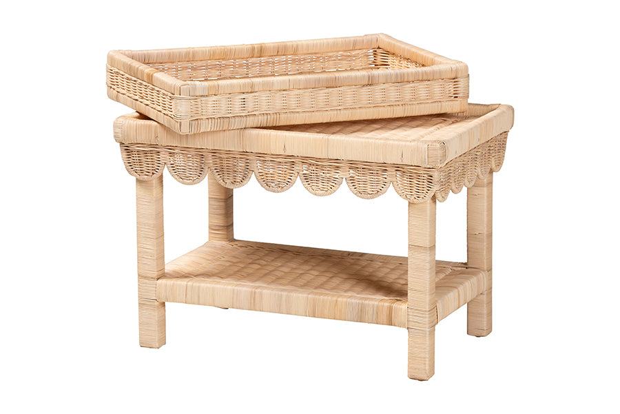 Weyman Scalloped Rattan End Table with Removable Tray Top - Handwoven Rattan Accent Table with Shelf, Coastal Boho Style Side Table for Living Room or Bedroom