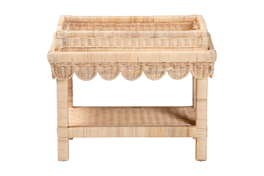Weyman Scalloped Rattan End Table with Removable Tray Top - Handwoven Rattan Accent Table with Shelf, Coastal Boho Style Side Table for Living Room or Bedroom
