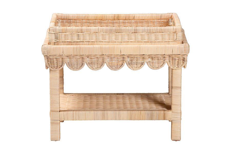 Weyman Scalloped Rattan End Table with Removable Tray Top - Handwoven Rattan Accent Table with Shelf, Coastal Boho Style Side Table for Living Room or Bedroom