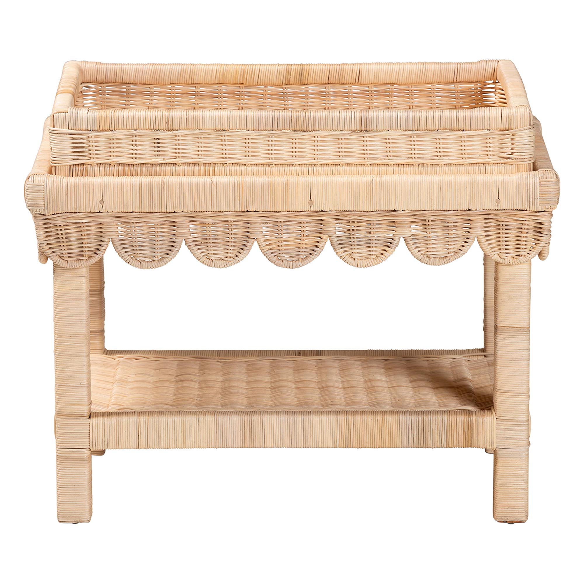 Weyman Scalloped Rattan End Table with Removable Tray Top - Handwoven Rattan Accent Table with Shelf, Coastal Boho Style Side Table for Living Room or Bedroom