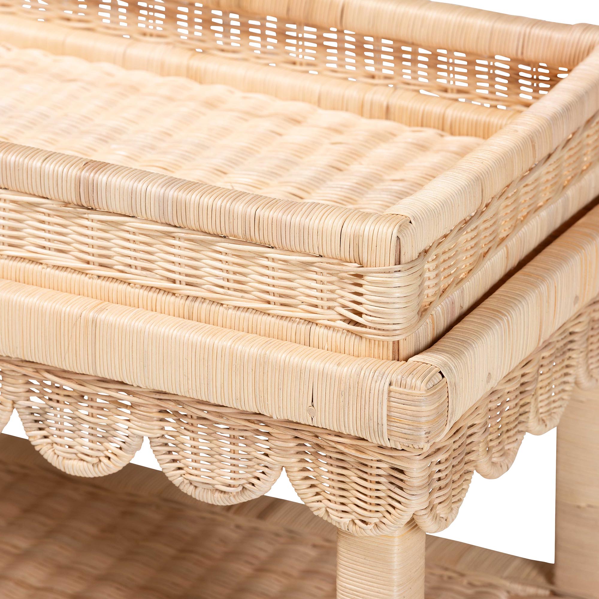 Weyman Scalloped Rattan End Table with Removable Tray Top - Handwoven Rattan Accent Table with Shelf, Coastal Boho Style Side Table for Living Room or Bedroom