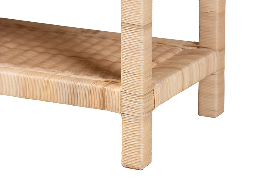 Weyman Scalloped Rattan End Table with Removable Tray Top - Handwoven Rattan Accent Table with Shelf, Coastal Boho Style Side Table for Living Room or Bedroom