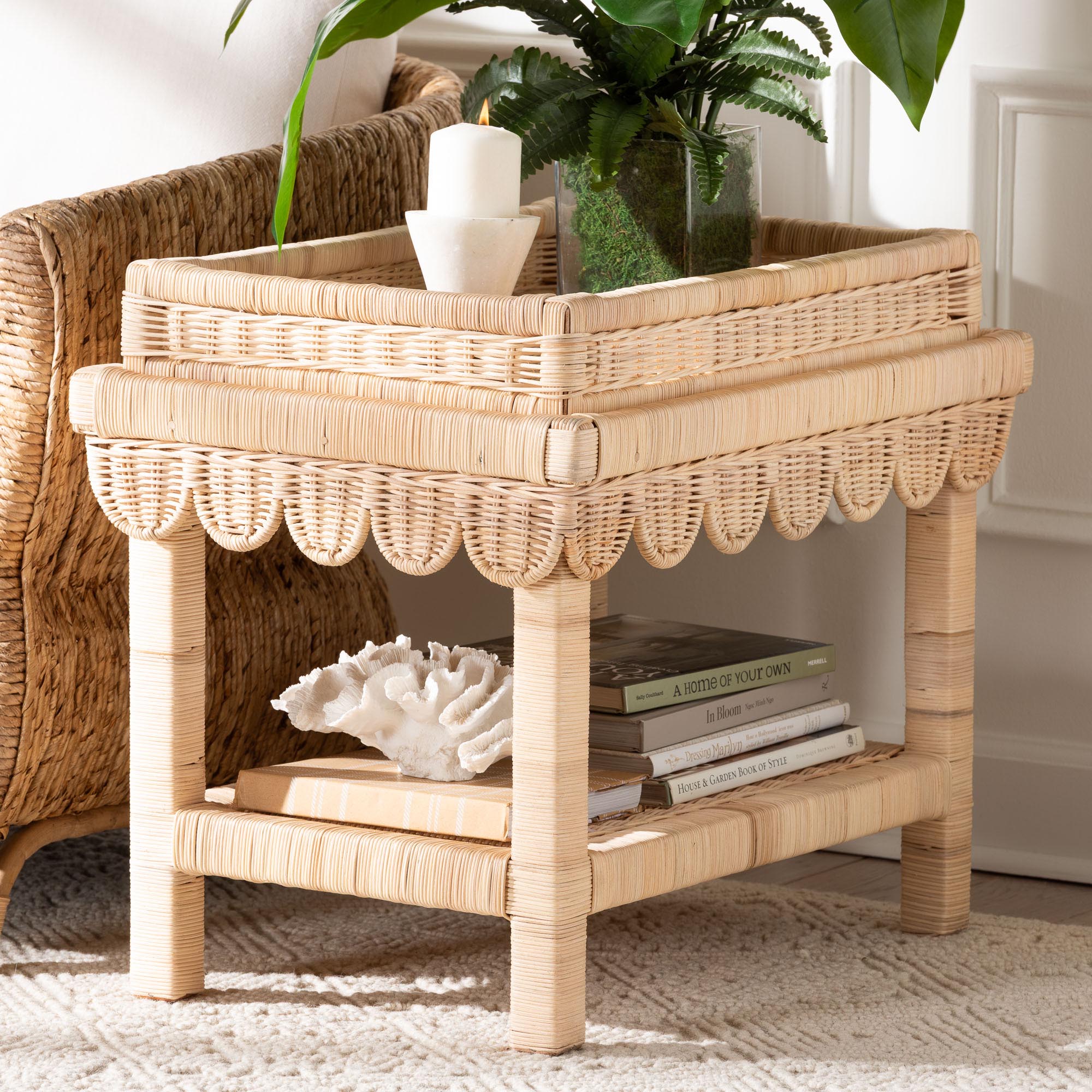 Weyman Scalloped Rattan End Table with Removable Tray Top - Handwoven Rattan Accent Table with Shelf, Coastal Boho Style Side Table for Living Room or Bedroom