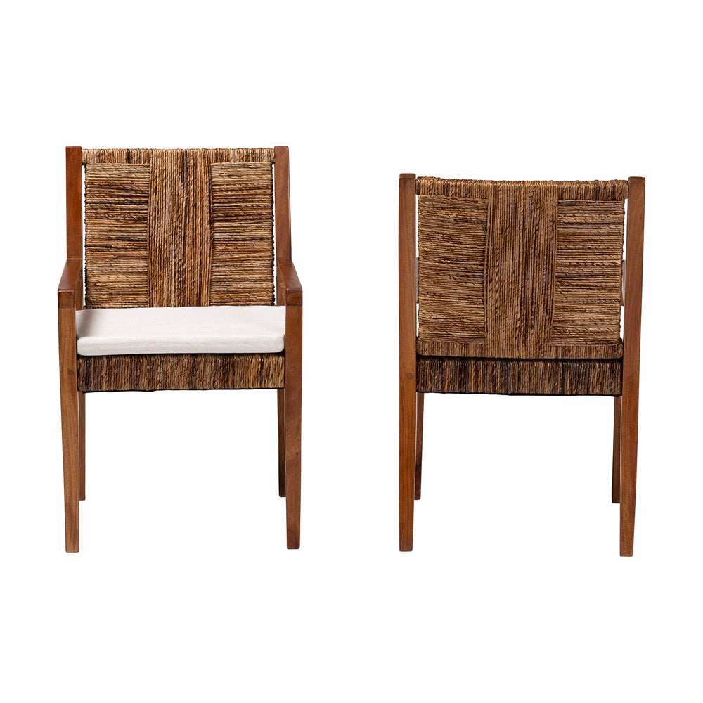 Chabela 2-Piece Handwoven Seagrass Armchairs - Solid Mango Wood Frame Dining Chair with Woven Seat and Backrest, Rustic Boho Style Kitchen or Dining Room Seating, Medium Brown